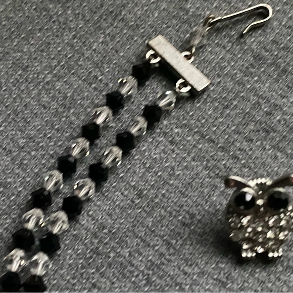 Vintage- Jet & Rock Crystal Double Strand Necklace w/ Owl Crystal Earrings - Picture 13 of 16